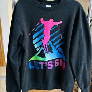 Retro Style LET’S SKI Black Crew Nexk Sweatshirt with Neon Ski Graphic Size L